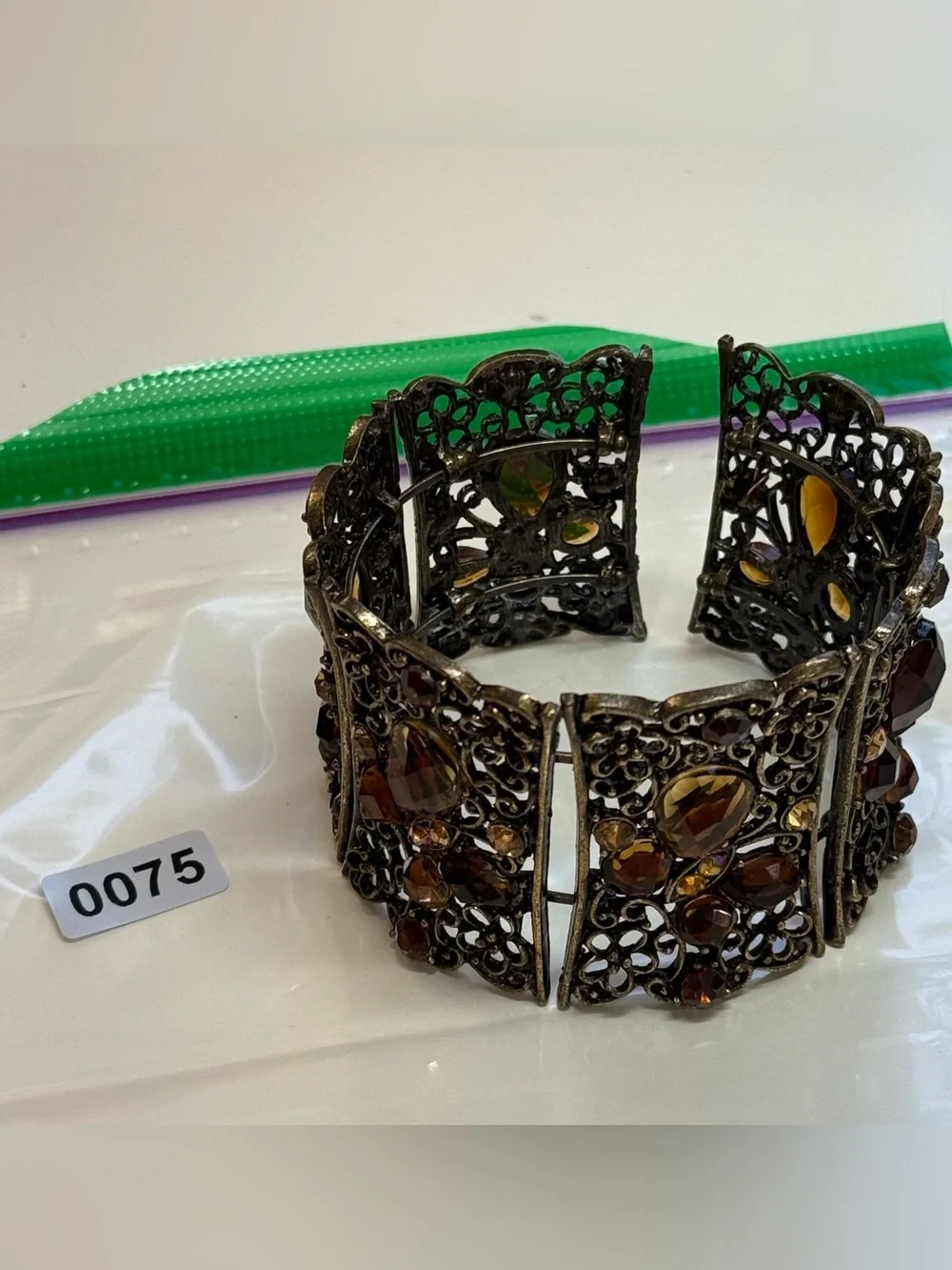 **Antique Brass Boho Filigree Cuff with Amber/Topaz/Citrine crystals Butterfly
